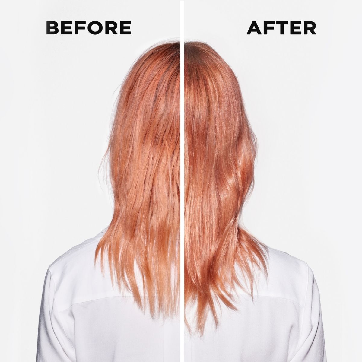 Back view before and after results using Kérastase Chroma Absolu on fine, color-treated hair — enhanced shine, smoothness, and color radiance.
