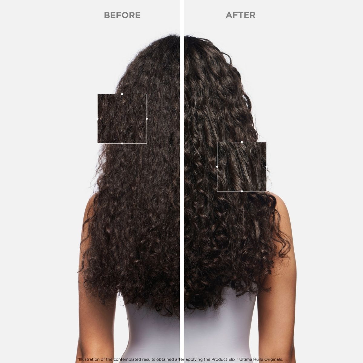 Close-up before and after results on long curly hair using Kérastase Chronologiste line, displayed on a white background — enhanced shine, softness, and curl definition.