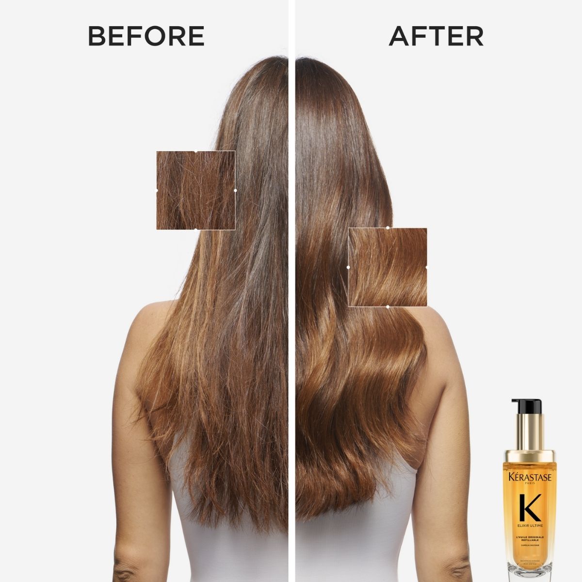 Back view before and after results using Kérastase Elixir Ultime on long hair — smoother, shinier, and healthier-looking strands.