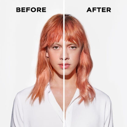 Front view before and after results using Kérastase Chroma Absolu on fine, color-treated hair — enhanced shine, smoothness, and color radiance.