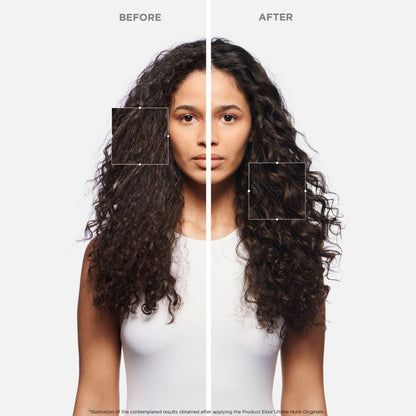 Front view of before and after results on long curly hair using Kérastase Chronologiste line, displayed on a white background — enhanced shine, softness, and curl definition.