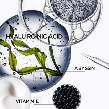 Cosmetic ingredients including hyaluronic acid, vitamin E, and Abyssinia shown in petri dishes.