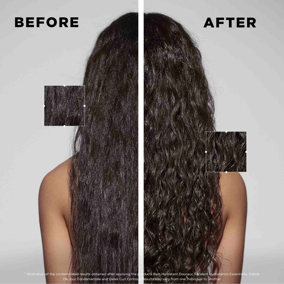 Before and after results using Kérastase Curl Manifesto products on long, curly hair — enhanced curl definition, hydration, and shine.