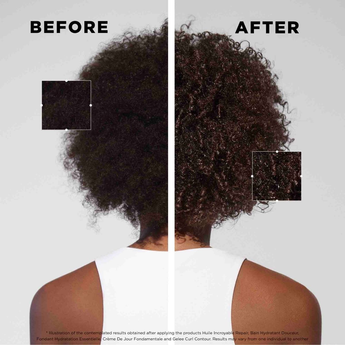 Back view before and after results using Kérastase Curl Manifesto on coarse, coily hair — enhanced curl definition, hydration, and shine.