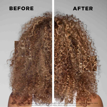 Before and after results using Kérastase Curl Manifesto on curly hair, with a close-up highlighting improved curl texture and definition.