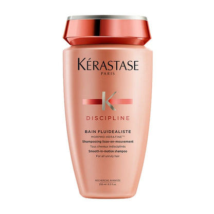 Kérastase Discipline Bain Fluidealiste shampoo bottle with Morpho-Kératine — smooths frizz and enhances hair manageability.