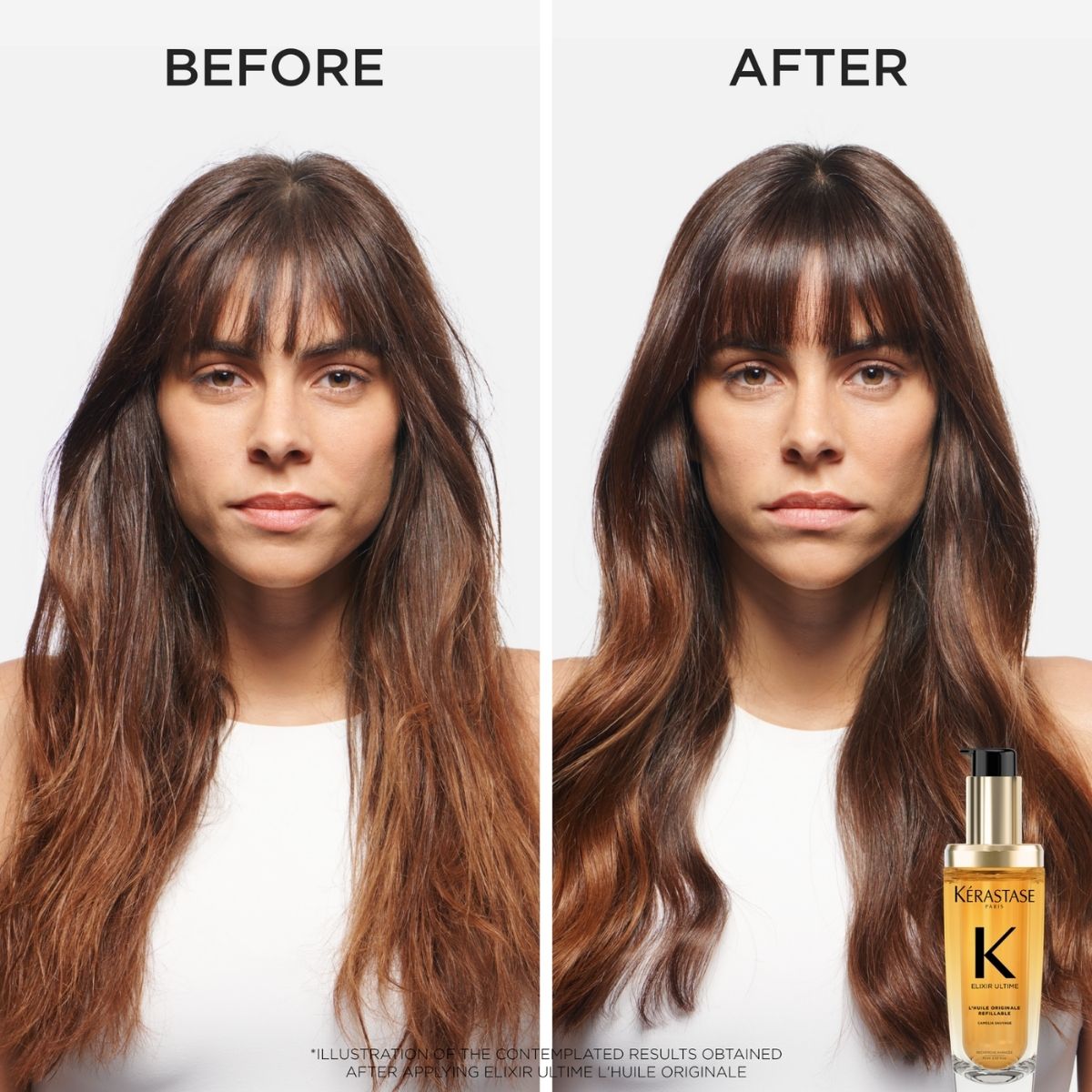 Front view before and after results using Kérastase Elixir Ultime oil — smoother, shinier, and healthier-looking hair.