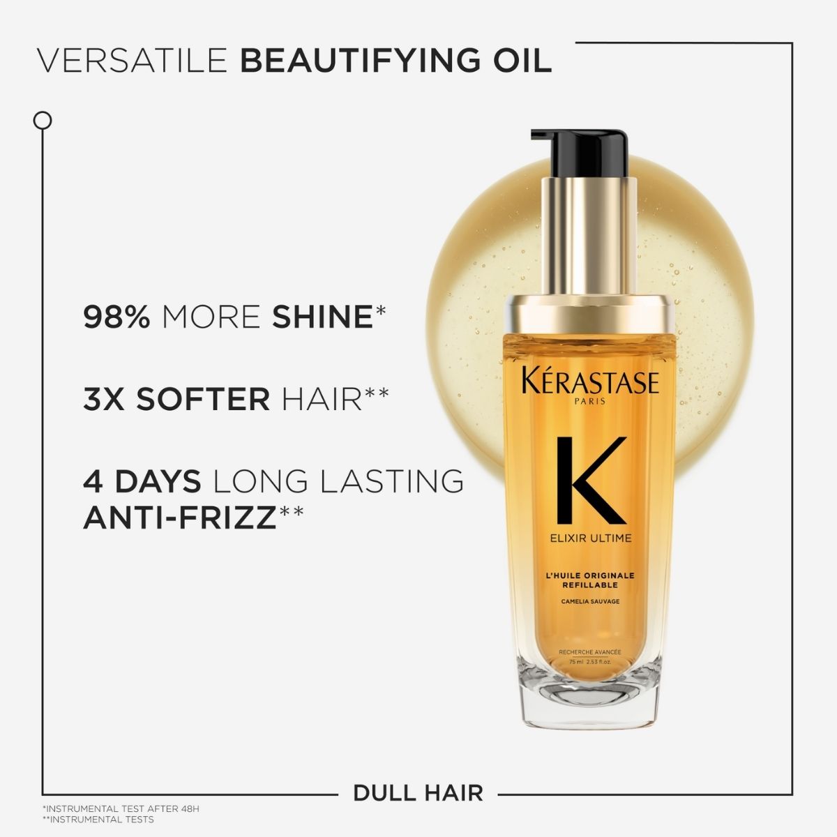 Kérastase Elixir Ultime bottle highlighting benefits: 98% more shine, 3x softer hair, and 4-day long-lasting anti-frizz effect.
