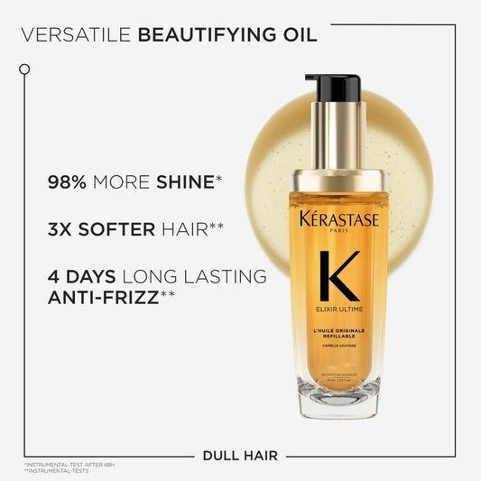 Kérastase Elixir Ultime bottle highlighting benefits: 98% more shine, 3x softer hair, and 4-day long-lasting anti-frizz effect.