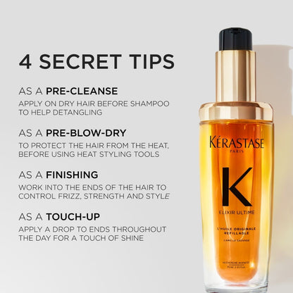 Infographic showing 4 secret tips for using Kérastase Elixir Ultime oil for smoother, shinier, and healthier hair.