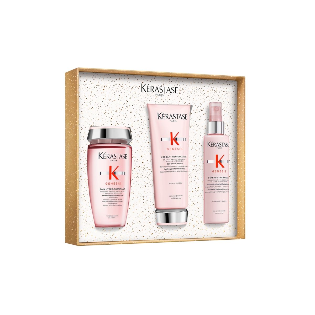 Kérastase Genesis holiday gift set with 25% savings, including shampoo, conditioner, and leave-in heat protectant — for stronger, healthier hair.