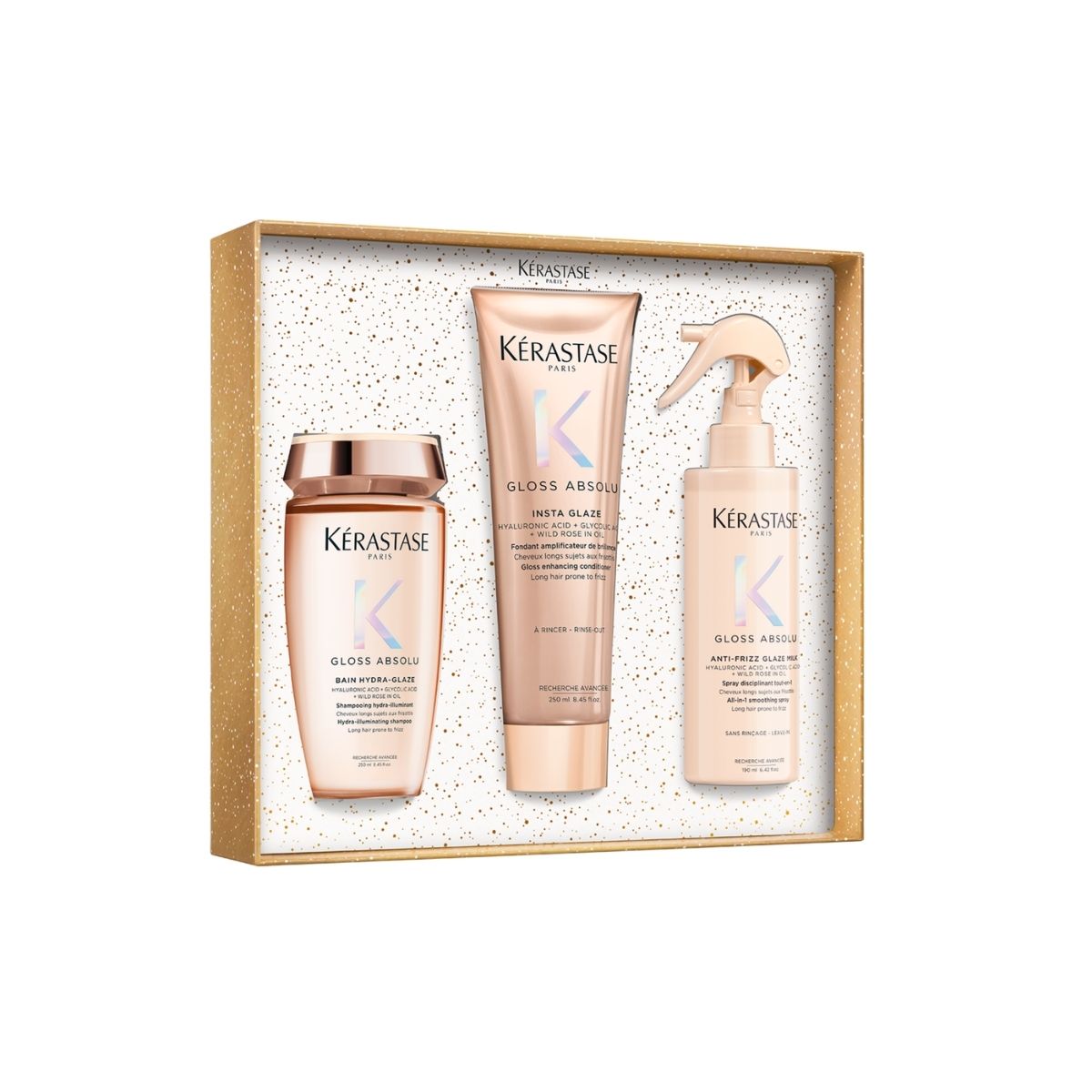 Kérastase Gloss Absolu holiday gift set with 25% savings,  including shampoo, conditioner, and glaze spray — for radiant, shiny, smooth hair.