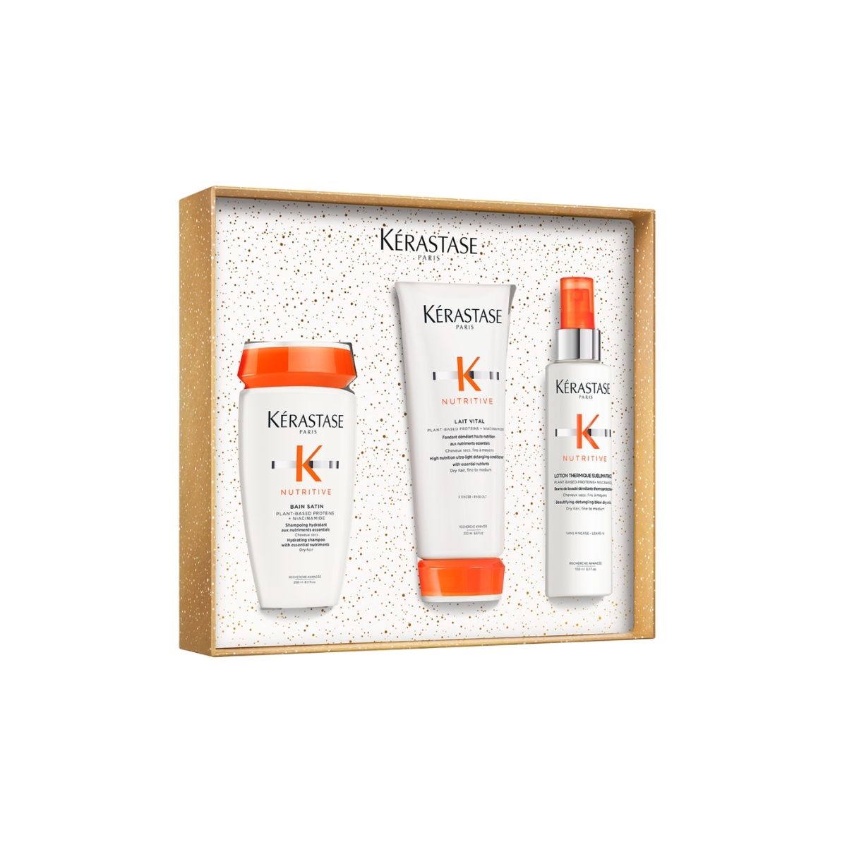 Kérastase holiday gift set from the Nutritive line with 25% savings including Bain Satin shampoo, Lait Vital conditioner, and leave-in spray — perfect for nourishing hair.