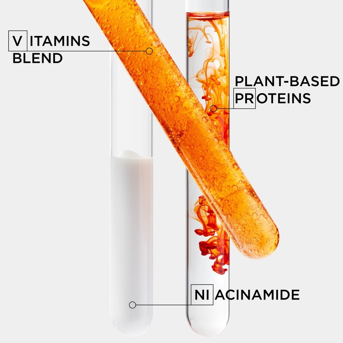 Nutritive line ingredients shown in test tubes: Vitamins Blend, Plant-Based Proteins, and Niacinamide on a white background.