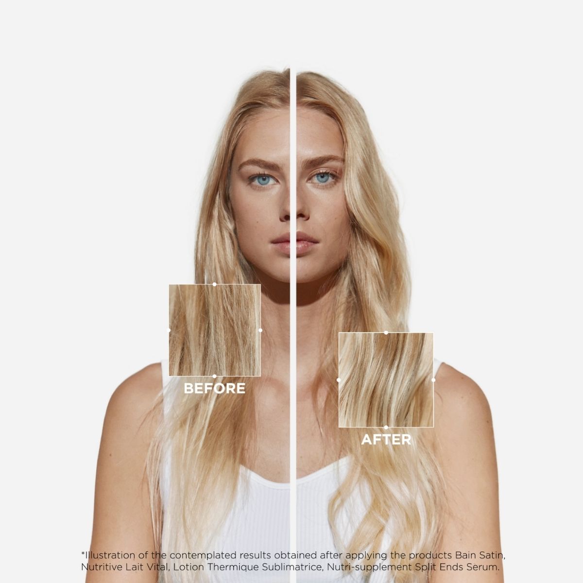 Before and after results on a woman with long, fine hair using Kérastase Nutritive line — showing smoother, softer, and more nourished strands.