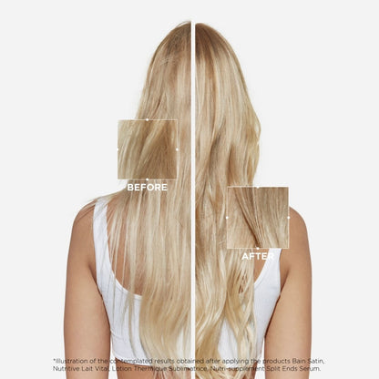 Back view of before and after results on a woman with long, fine hair using Kérastase Nutritive line — showing smoother, softer, and more nourished strands.