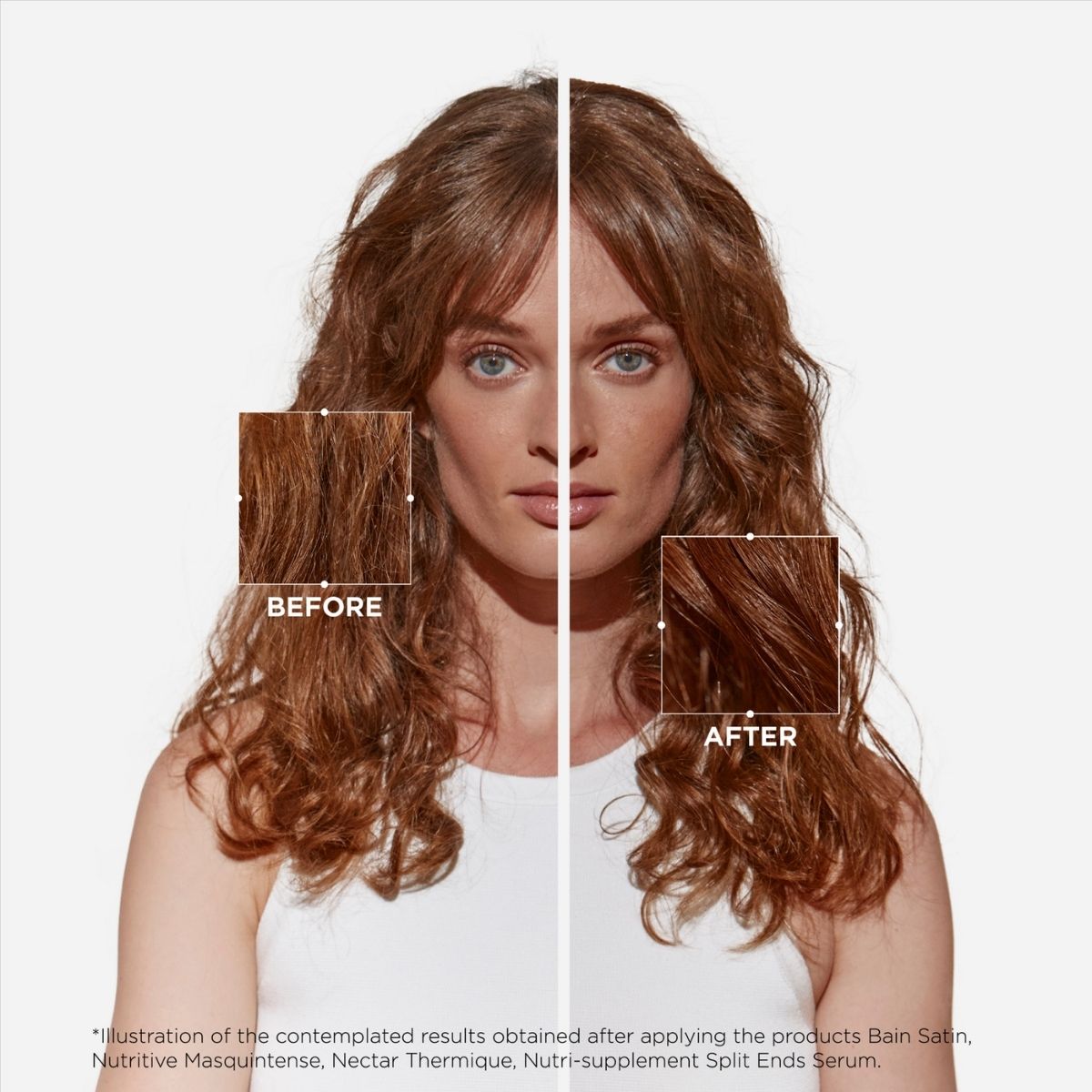 Front view before and after results using Kérastase Nutritive line — visibly softer, smoother, and more nourished hair.