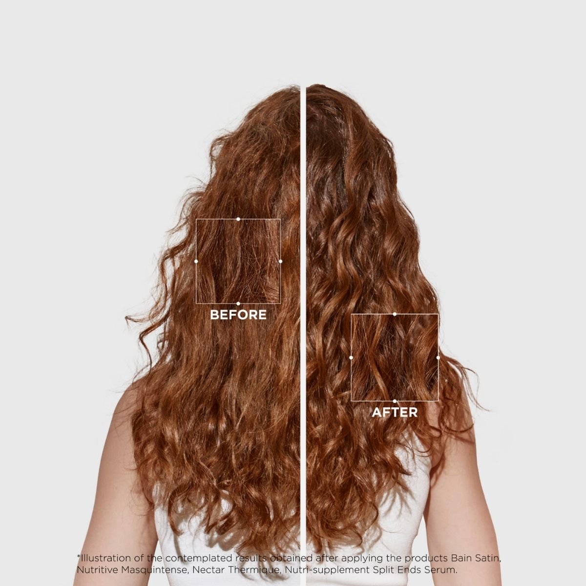Back view before and after results using Kérastase Nutritive line — smoother, shinier, and deeply nourished hair.