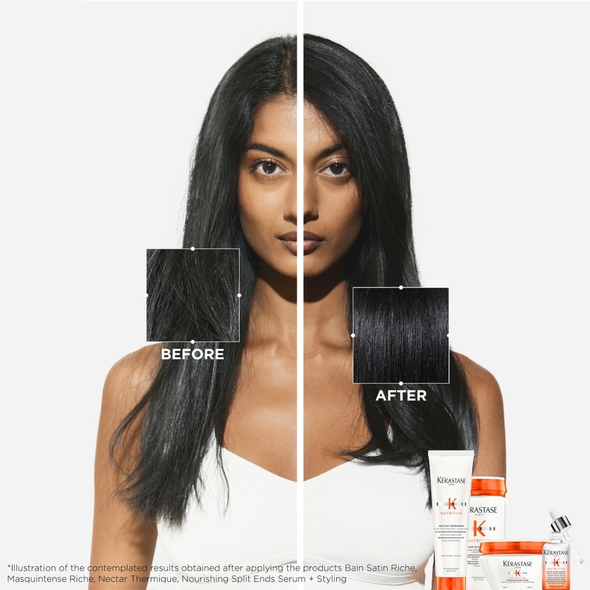 Front view before and after comparison of a woman’s hair using Kérastase Nutritive line — showing smoother, softer, and nourished hair.