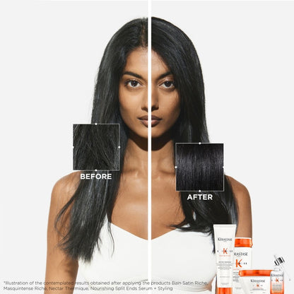 Front view before and after comparison of a woman’s hair using Kérastase Nutritive line — showing smoother, softer, and nourished hair.