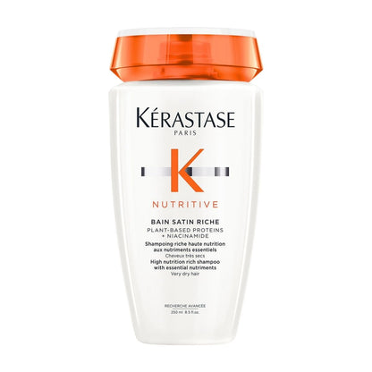 Kérastase Nutritive Bain Satin Riche shampoo bottle — nourishing formula for dry and sensitized hair, leaving it soft and shiny.