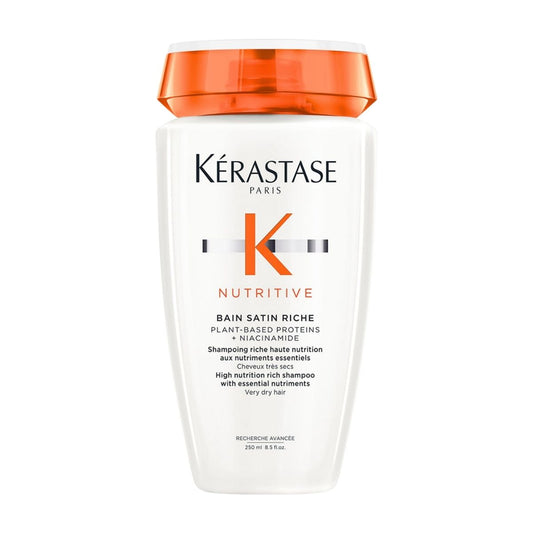 Kérastase Nutritive Bain Satin Riche shampoo bottle — nourishing formula for dry and sensitized hair, leaving it soft and shiny.
