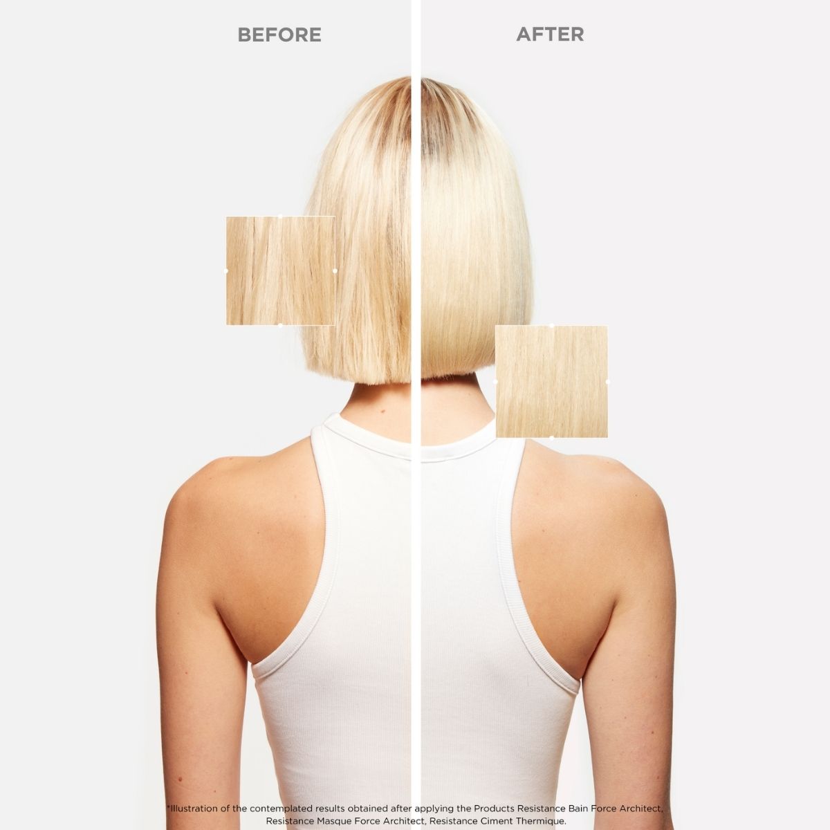 Short blond/bleached hair before and after using Kérastase Résistance line — stronger, healthier, and more resilient strands.