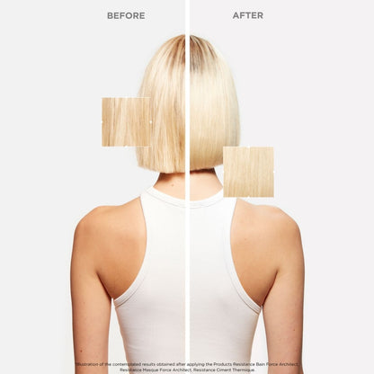 Short blond/bleached hair before and after using Kérastase Résistance line — stronger, healthier, and more resilient strands.