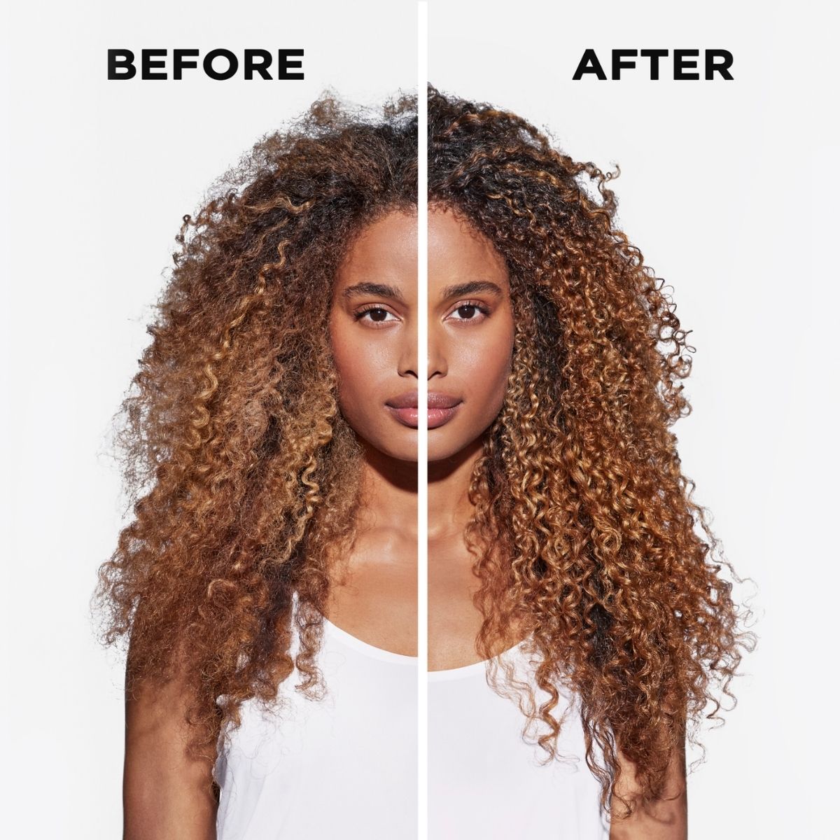 Front view before and after results using Kérastase Chroma Absolu on thick, curly hair — visibly smoother, glossier curls with enhanced color.