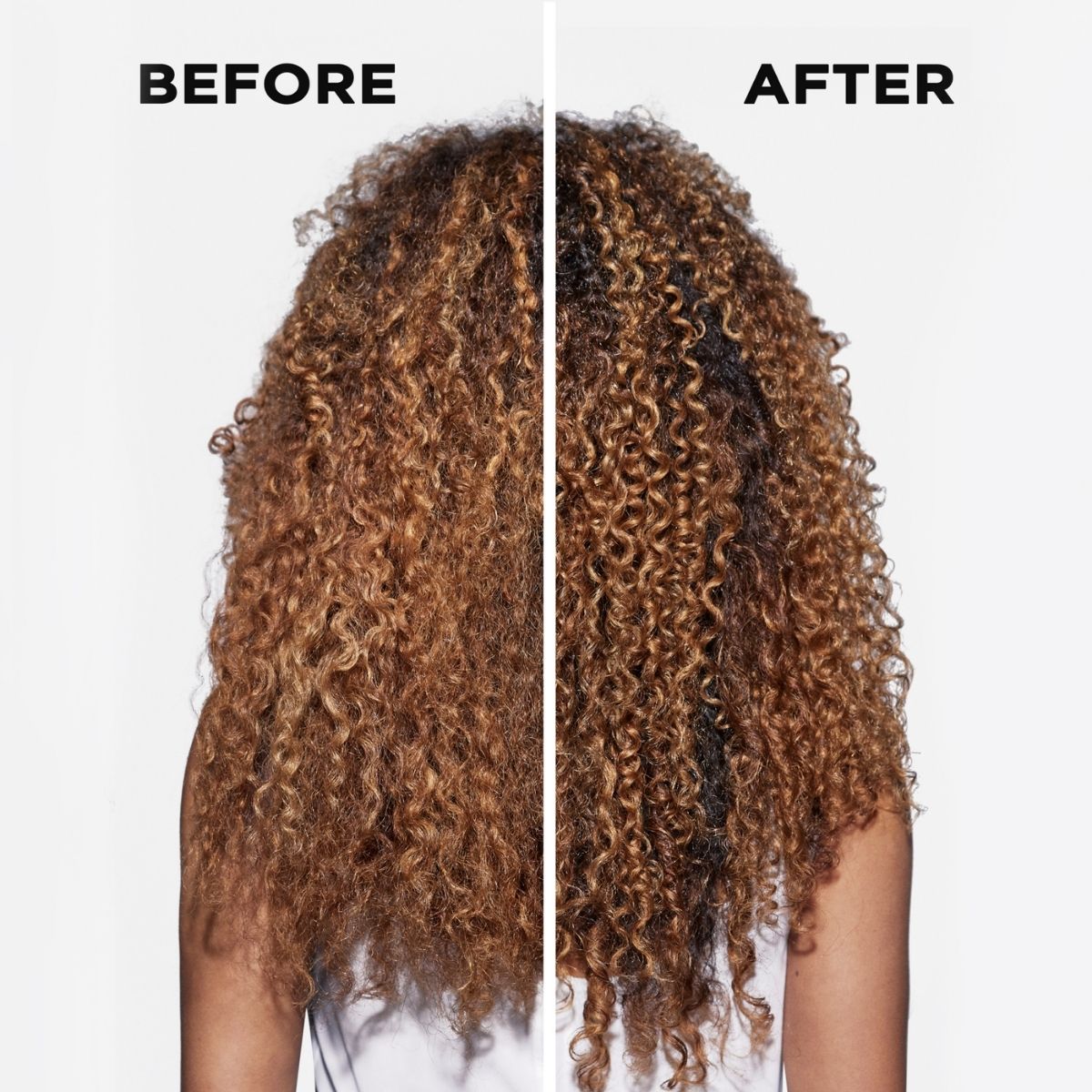 Before and after results using Kérastase Chroma Absolu on thick, curly hair — enhanced shine, smoothness, and color vibrancy.