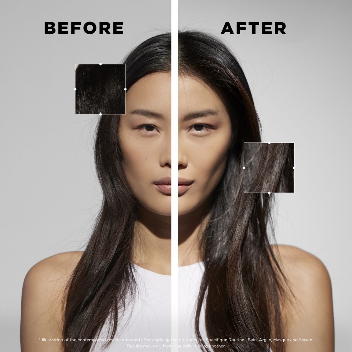 Front view before and after results using Kérastase Spécifique line on long, dark hair — improved scalp balance, shine, and overall hair health.