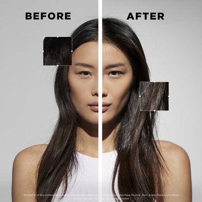 Front view before and after results using Kérastase Spécifique line on long, dark hair — improved scalp balance, shine, and overall hair health.