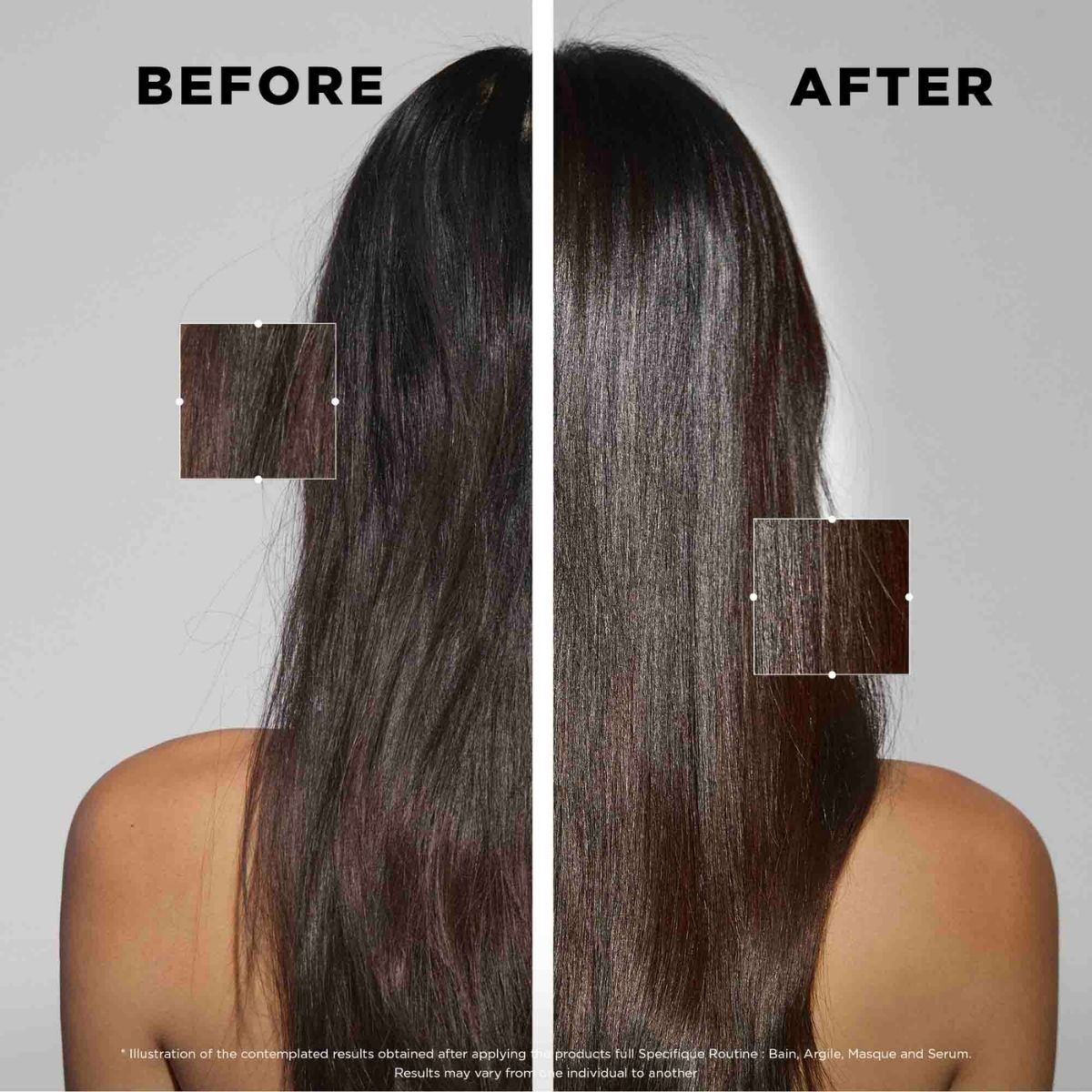Before and after results using Kérastase Spécifique line on long, dark hair — improved scalp balance, shine, and overall hair health.