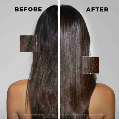 Before and after results using Kérastase Spécifique line on long, dark hair — improved scalp balance, shine, and overall hair health.