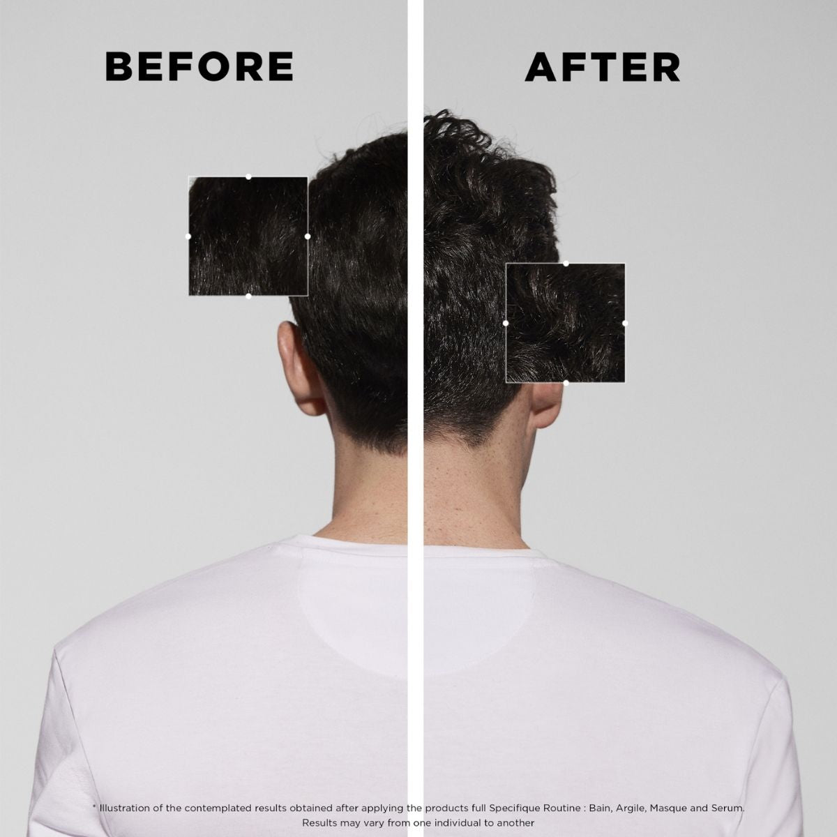 Back view of a male model’s hair before and after using the full Kérastase Spécifique line — showing healthier scalp and improved hair condition.