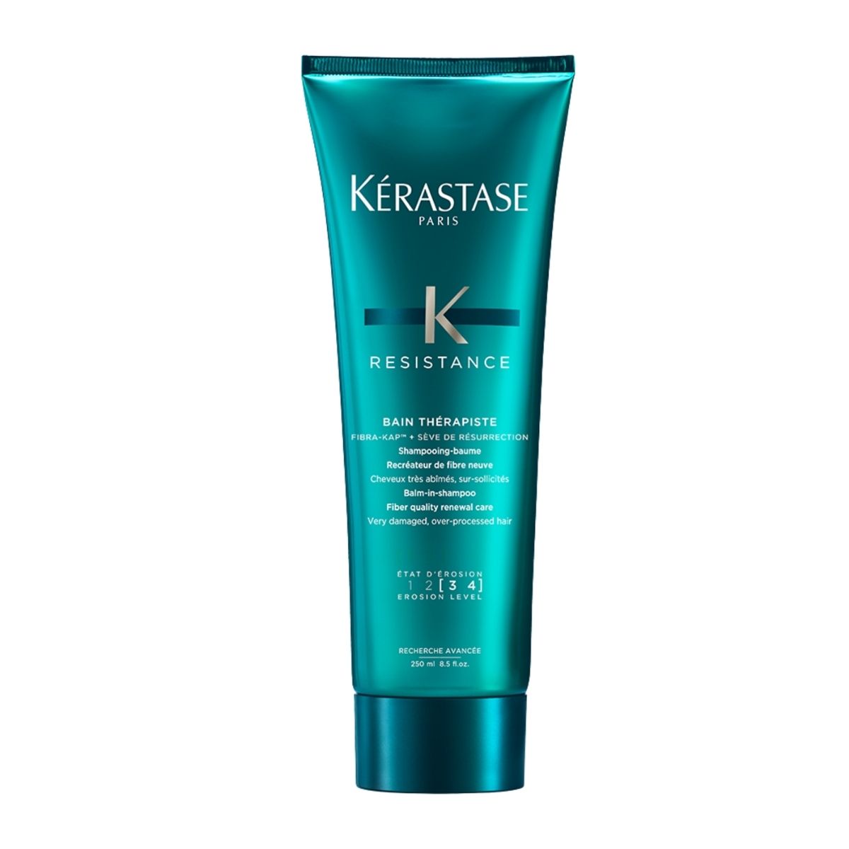 Kérastase Résistance Therapiste shampoo bottle — repairs severely damaged hair, strengthens strands, and restores softness and shine.