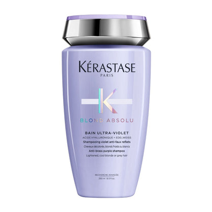 Kérastase Blond Absolu Ultra Violet shampoo bottle — neutralizes yellow tones in blond or highlighted hair while adding shine and softness.