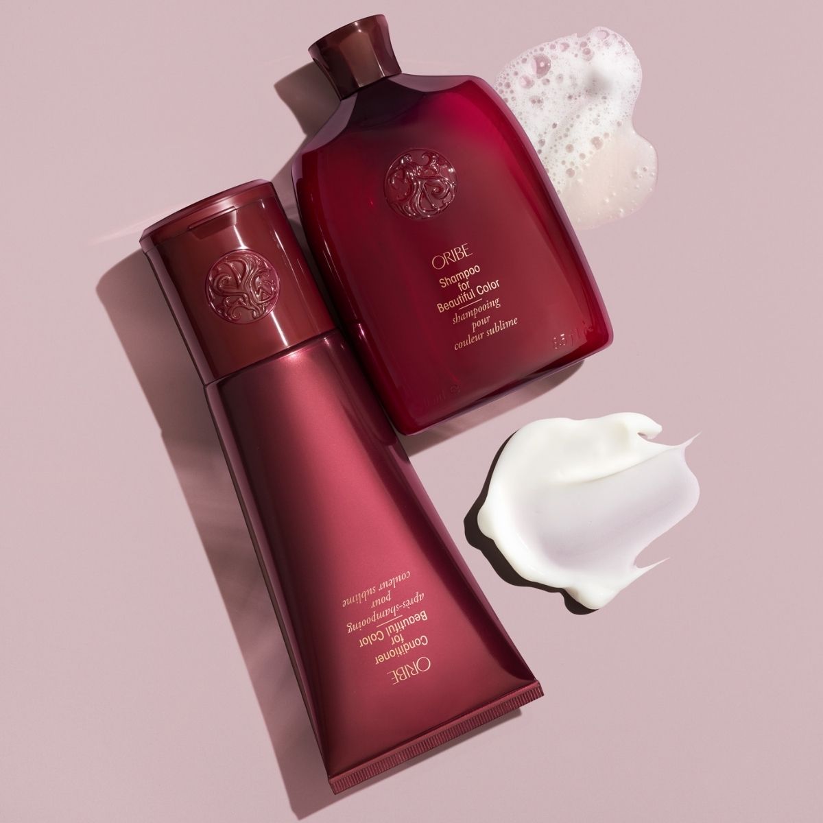 Oribe Beautiful Color Shampoo and Conditioner – Close-Up Showing Smooth, Professional Haircare Products