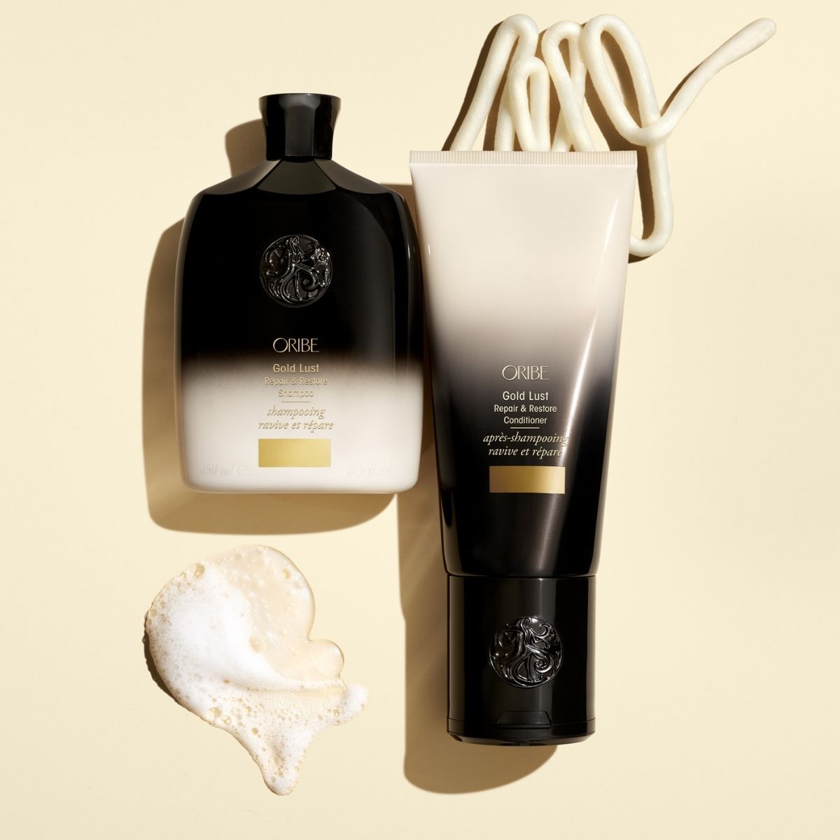 Oribe Gold Lust Shampoo and Conditioner – Close-Up Texture Showing Smooth, Shiny Haircare Products